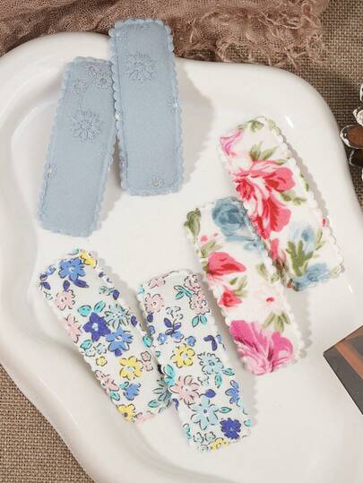 6pcs Assorted Floral Fabric Hair Clips, Soft Material Non-Damaging, Lace Decor Elegant Style, Suitable For School Or Outing