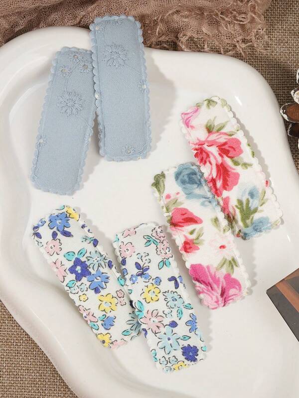 6pcs Assorted Floral Fabric Hair Clips, Soft Material Non-Damaging, Lace Decor Elegant Style, Suitable For School Or Outing