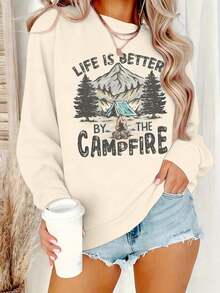 Women's Camp Graphic Sweater - "Life Is Better By The Campfire" Mountain And Pine Tree Design, Warm Crew Neck Sweater For Autumn Winter, Medium Elasticity Casual Sweater, Machine Washable, Camping Decorations, Outdoor Style, Relaxed Fit, Comfortable Material, Long Sleeve Top, For Nature Lovers2025 - Apricot - View 3
