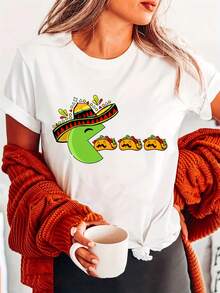 Camiseta de Cuello Redondo con Estampado de Comer Tacos, Top Casual de Manga Corta para Verano y Primavera, Ropa de Mujer - Blanco - Ver 1
