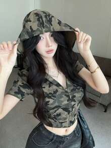 Áo cardigan/áo croptop phong cách đường phố Hàn Quốc mùa hè, dáng ôm, tay ngắn, họa tiết rằn ri, có mũ trùm đầu. - xanh quân đội - Xem 2
