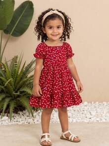 Summer Young Girls' Valentine's Day Heart Print Square Neck Puff Sleeve Fishtail Splice Dress - Red - View 1