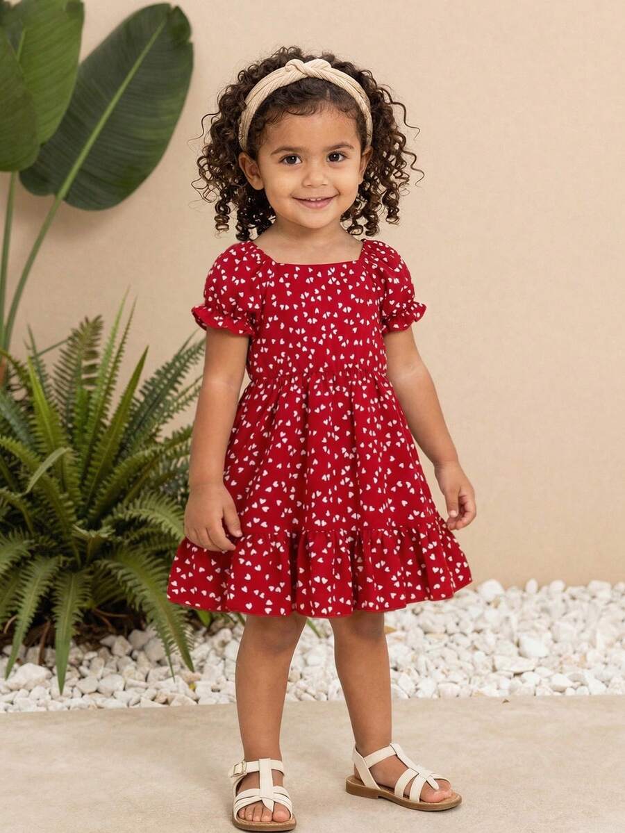 Summer Young Girls' Valentine's Day Heart Print Square Neck Puff Sleeve Fishtail Splice Dress - Red - View 1