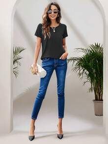 Dam Casual Grå Rundhalsad Lång T-shirt, Enkel Pendling Mångsidig T-shirt Svart Sommar - Svart - Visa 5