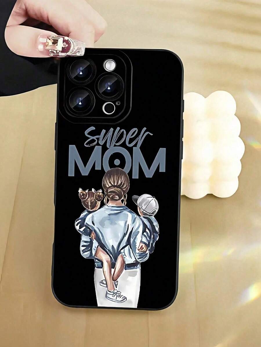 1pc Cartoon Mom & Kid Letter Graphic Black Angel Eye Full Coverage Shockproof TPU Phone Case Protective Cover For IPhone11/12/13/14/15/16/17 ProMax/Plus, A55/54/53/52/51, S25/24/23/22/21 Series - Multicolor - View 1