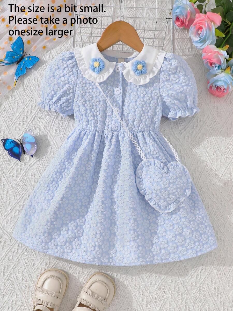 Young Girls Spring/Summer Jacquard Fabric Peter Pan Collar Floral 3D Decor Elegant Cute Style Dress, With Heart Handbag - Blue - View 1