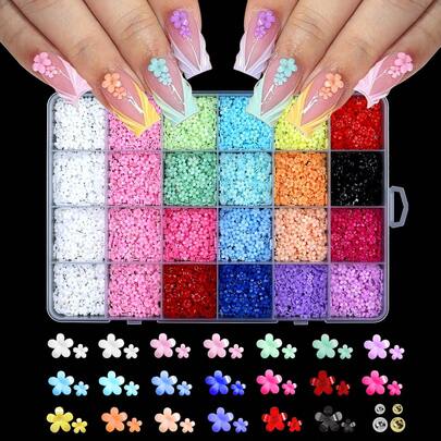 24 ô/hộp đính đá acrylic hình hoa 3D, 18 màu sắc, đá trang trí móng tay hình hoa, hạt thép mạ vàng, bạc, ngọc trai hỗn hợp, đá quý mùa xuân, đồ dùng tự làm móng, dụng cụ trang trí móng tay, phụ kiện.