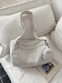 1件白色灯芯绒面料顺滑拉链字母装饰时尚休闲纯色简约春季新款独特斜肩女士手提包，适合女性日常使用 - 白色 - 查看 3