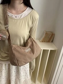 1 chiếc túi xách nữ màu kaki nhung kẻ, khóa kéo trơn, trang trí chữ, thời trang, đa năng, màu trơn tối giản, hàng mới về mùa xuân, kiểu dáng Niche, đeo chéo vai 2 mảnh, phù hợp cho nữ sử dụng hàng ngày. - Màu Khaki - Xem 8