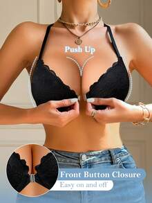 Black Lace Front Closure Underwire Bra - Comfortable Easy On/Off, Suitable For Vacation Wear - Black - View 4