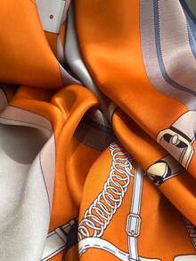1 Women's Orange Belt Chain Print Lijing Satin Long Scarf - Orange - View 3