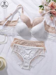 Bộ 2 áo ngực và quần lót ren trắng & nude dành cho nữ, áo ngực nâng ngực có gọng cỡ 3/4, nội y gợi cảm, thoáng khí, mềm mại, co giãn, phù hợp cho mặc hàng ngày, đồ ngủ và các dịp thường ngày. - Nhiều màu - Xem 16