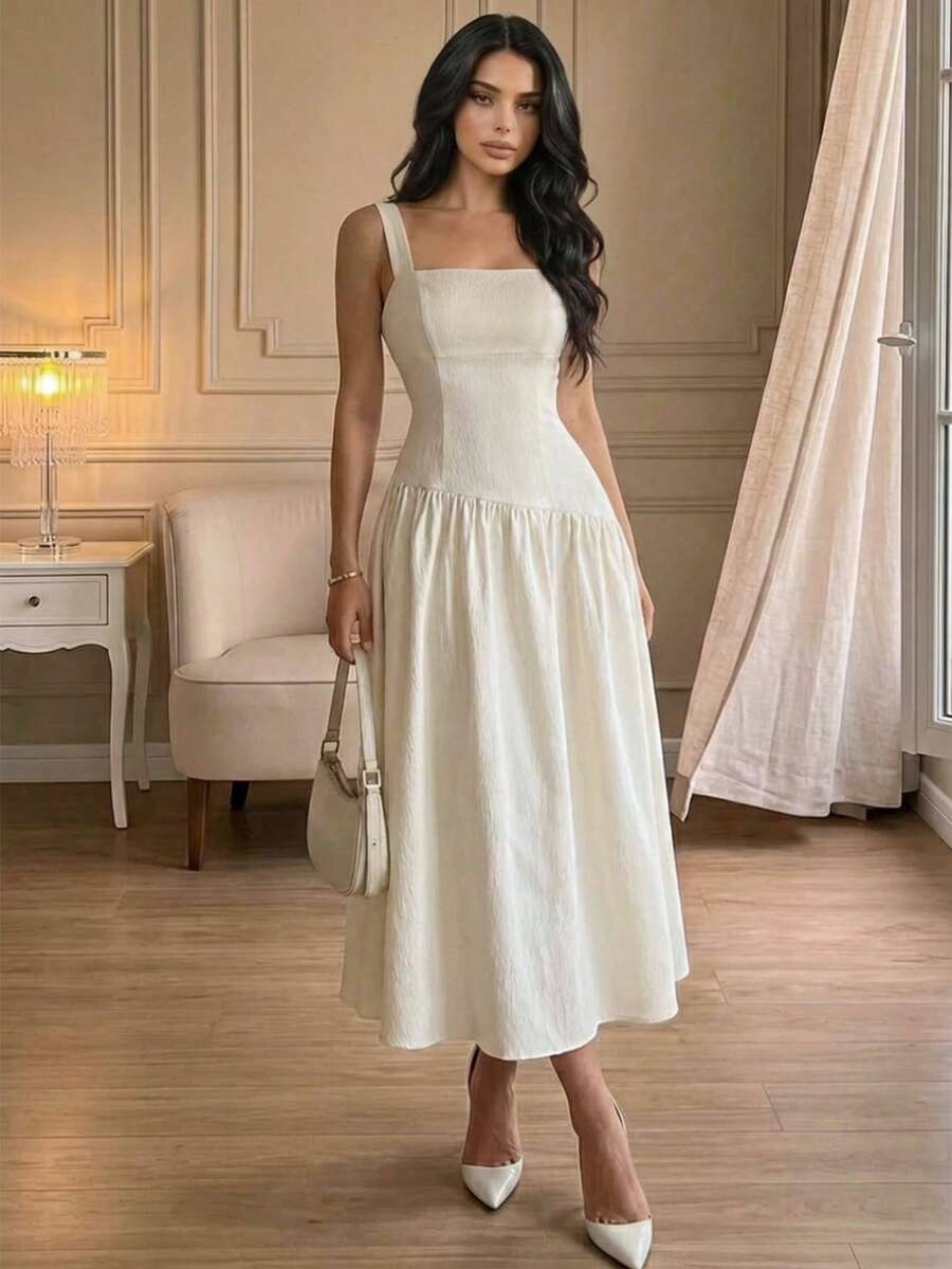 Perirose Đầm nữ thanh lịch màu trắng cổ vuông không tay, dáng ôm, viền bèo nhún, dài ngang gối, kiểu dáng tối giản, thanh lịch. - Màu be - Xem 1