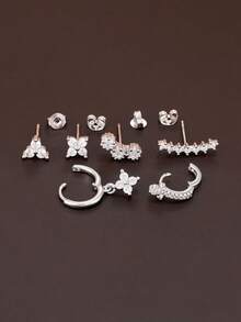 6Pcs Elegance Geometry Stud Earrings For Women Fashion Flower Star Petal Cartilage Hoop Earring Piercing Ear Jewelry Suitable For Holiday Parties, Fashion Accessories - Silver - View 5