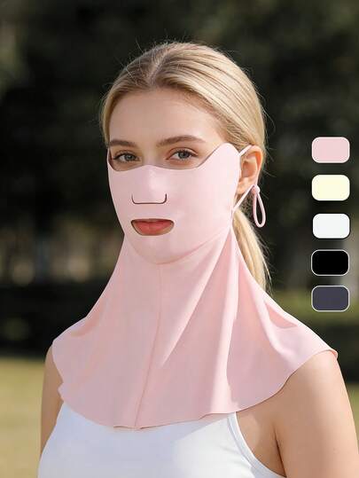 Máscara de protección solar para toda la cara y el cuello, UPF50+ de seda de hielo, máscara de protección solar transpirable con diseño de apertura conveniente para beber y comer, tela de seda de hielo refrescante, protección ocular 3D, lazos ajustables para las orejas, no se corre el maquillaje