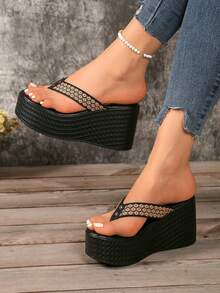 2026新款坡跟拖鞋，女士，金属扣厚底高跟人字拖，百搭轻便人字拖，纯色沙滩绑带凉鞋，8.5厘米高跟 - 黑色 - 查看 4