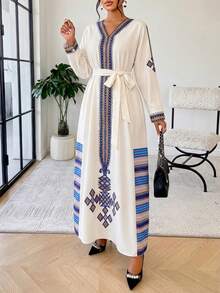 AIJ Đầm dài tay cánh dơi cổ chữ V tay dài thắt nút hiệu Amarilo dành cho nữ, chất liệu vải dệt không co giãn, thêu truyền thống, màu trắng (mẫu ngẫu nhiên) - Màu be - Xem 5