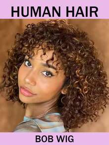 水波纹波波头假发，带刘海，真人发，无胶机织，佩戴方便，200%密度，挑染真人发波波头假发，#4/30，日常及派对适用 - S4/30 - 查看 1