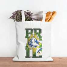 Brazil National Team BRASIL Letter Canvas Tote Bag, 2026  World Cup Reusable Shopping Bag For Seleção Fans, Vintage Casual Shoulder Bag - 白色 - 查看 2