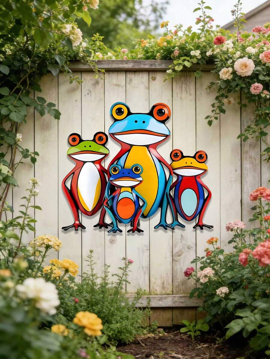 1 pièce Décoration murale en métal de famille de grenouilles 2D colorée - Style bohème imaginatif, décoration de grenouille vintage, convient pour la chambre d'enfant, le salon, le balcon, la boutique de fleurs, le zoo et le jardin, la décoration de la maison, la décoration du jardin, la décoration murale, cadeau idéal pour les amateurs de grenouilles et les familles - Famille de grenouilles colorées - Voir 1