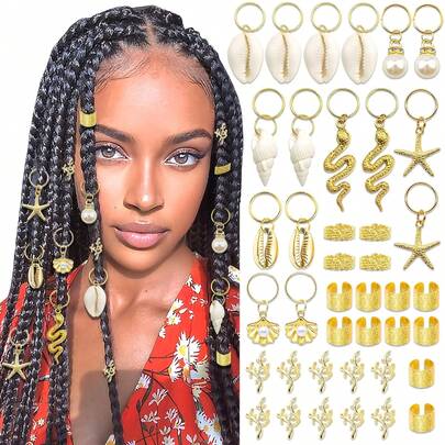 Bộ 40 phụ kiện tóc hình vỏ rắn vàng, bao gồm sao biển, ngọc trai và hạt cườm nhiều màu sắc, trang sức, phụ kiện tóc tết, đồ trang trí tóc cho nữ.