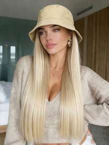24 Inch Golden Long Straight Wig With Integrated Bucket Hat, Heat Resistant Wig, Suitable For Daily Wear - Gold - View 5