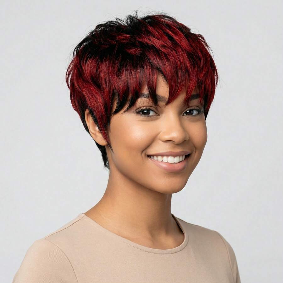 Summer Style Short Pixie Cut Wig Burgundy Red Afro Short Curly Black Wigs Side Part Curly Bangs Synthetic No Glue Brown Wigs Natural Looking Cosplay Hair Wig Short Burgundy Curly Wigs Wine Red Pixie Cut Wigs With Side Bangs Easy To Wear - 435-4 - 查看 1