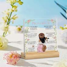 Una placa acrílica 2D con una base de madera, que presenta versículos del Proverbios 31:13 y diseños florales suaves. - A - Ver 4