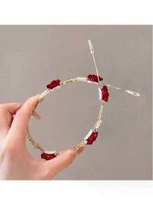 1 chiếc băng đô cài tóc đính hoa hồng khô và ngọc trai giả, phụ kiện tóc kiểu Pháp cổ điển thanh lịch. - Đỏ - Xem 3