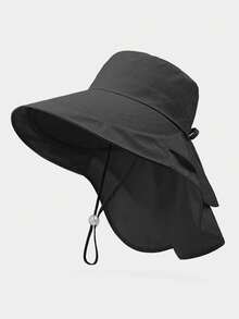 Women's Summer Sun Hat, Outdoor Cycling Neck Protector, Wide Brim, Breathable, Foldable, Hiking Bucket Hat, Fashionable, Versatile, Solid Color, Casual, Polyester Fiber (Polyester) Solid Color Windproof And UV Protection Hat For Spring And Summer., Beach, Vacation - Hat - View 18