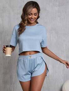 2pcs Women Summer Casual Solid Color Short Sleeve Crew Neck Crop Top & High Slit Shorts Pajama Set, Spring/Summer Lounge Set - Màu xanh lam - Xem 6
