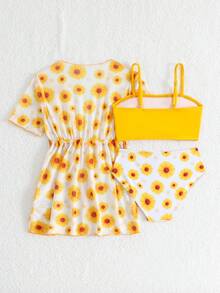 Kleine Mädchen Einfarbiges Camisole Top und Dreieck Bikini Badeanzug Set mit Überwurfkleid - Rötlich-braun - Übersicht 2