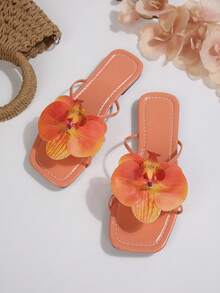 French Style Flower Decor One-Strap Flat Sandals, Suitable For Dates, Shopping, Gatherings, Parties, Commuting, Business, Summer - Coral Orange - View 4
