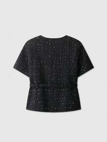 Áo khoác nữ tay ngắn cổ tròn, cài một hàng khuy, chất liệu tweed, màu đen, kiểu dáng thanh lịch, có thắt lưng, thích hợp cho mùa hè. - màu đen - Xem 2