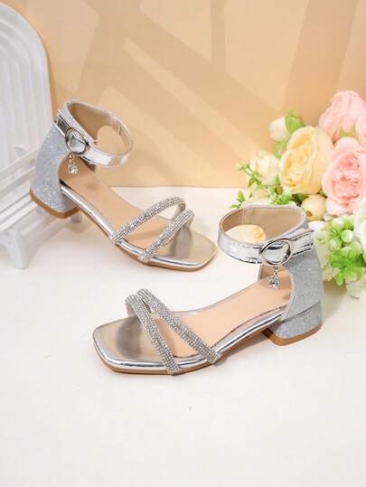 Giày sandal cao gót đính đá lấp lánh màu bạc cho bé gái, kiểu mũi vuông, có khóa dán, giày công chúa cho trẻ em.