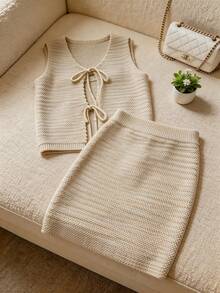 Bohemian/Vacation Style Women V-Neck Openwork Knit Tank Dress 2 Pieces Set, Summer - White Apricot - View 2
