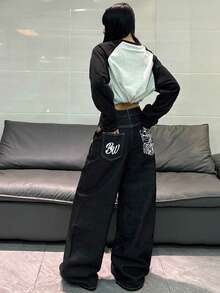 1件韩版街头风印花撞色拼接宽松阔腿牛仔裤，舒适休闲百搭，四季皆宜（不含腰带/配饰）黑色春季款 - 黑色 - 查看 5