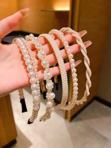 Set de 5 diademas con perlas falsas lindas, bandas para el cabello de mujer, aros para el cabello, accesorios para el cabello - Blanco - Ver 5
