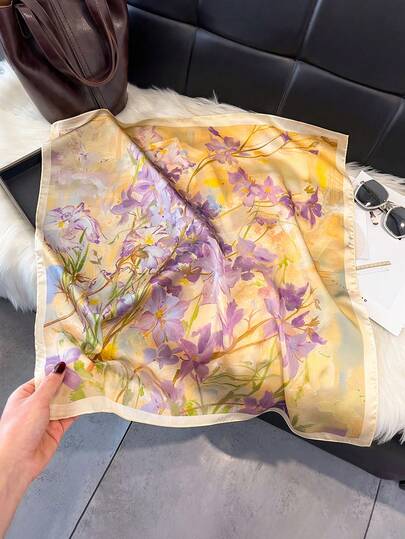 1pc Elegant Floral Print 70cm Silk-Like Small Square Scarf, Versatile Bandana, Waist Tie, Hair Accessory, Fashion Neckerchief For Daily Matching And Decoration