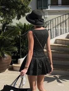 女士休闲优雅日常街头波点印花连衣裙，春夏款 - 黑 - 查看 5