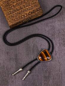 1pc Tiger Eye Stone Triangle Pendant Necklace Bolo Tie, Unique Stylish Western Cowboy Necktie Accessory, Versatile Matching - Multicolor - View 4