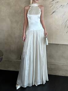 优雅女士缎面吊带褶皱连衣裙，适合毕业典礼、晚宴、奢华伴娘礼服、飘逸婚礼宾客装、假日旅行春季派对穿着 - 杏色 - 查看 5