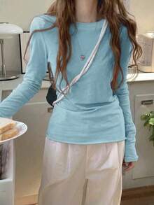 Áo thun dài tay dáng rộng, xắn gấu, chất vải mỏng, ôm sát, thích hợp mặc nhiều lớp vào mùa xuân. - Màu xanh lam - Xem 1