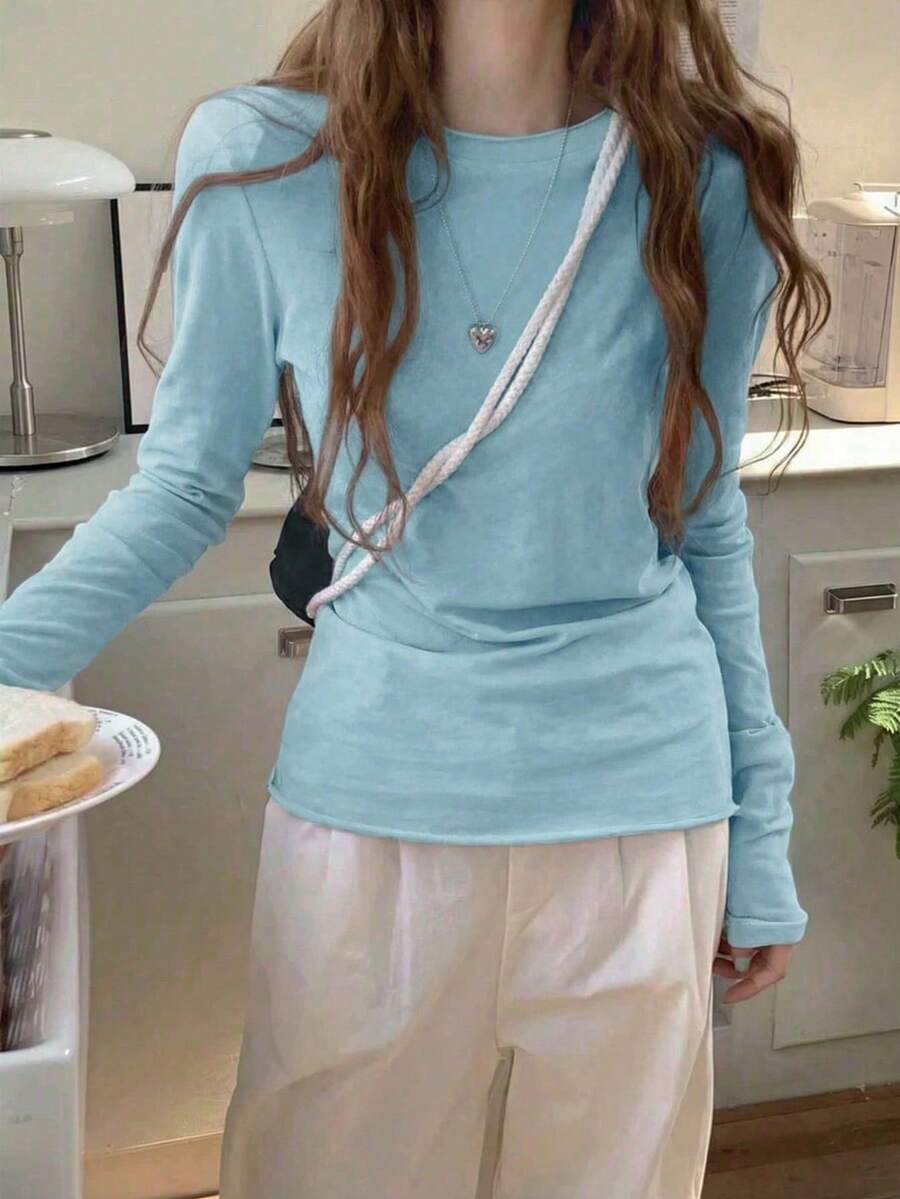 Áo thun dài tay dáng rộng, xắn gấu, chất vải mỏng, ôm sát, thích hợp mặc nhiều lớp vào mùa xuân. - Màu xanh lam - Xem 1