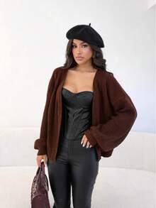 Women's Plain Knit Cardigan With Puff Sleeves, Autumn/Winter Style - Rust Brown - View 1