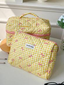 3pcs/Set Multi-Size Yellow Plaid Bow Makeup Bag, Multifunctional Cosmetic Organizer Bag, Ladies Small Makeup Pouch, Large Capacity Toiletry Bag, Suitable For Cosmetics, Chargers, Gift For Women, Girls, Students - Brown - View 4