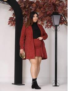 Women's Plus Size Curve Long Ribbed Knit Jacket With Pockets - Elegant Blazer - Autumn Fashion - Terracotta - View 6