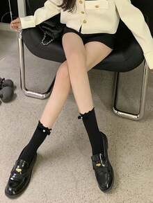 Japanese-Style JK Velvet Bow Lace Trim Mid-Calf Socks Lolita Cream White Calf Socks Mary Jane Women's Thin Style - 彩色 - 查看 1