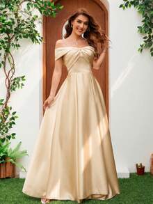 YUMIBRAVO Váy cưới satin màu trơn, trễ vai, thắt nơ. - Rượu sâm banh - Xem 3