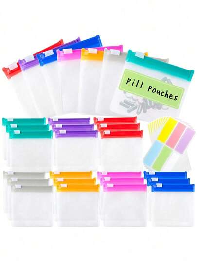 14pcs Reusable Zippered Pill Pouch With Slide Lock - Set In 7 Colors - Travel Pill Case For Medicine, Qtips & Small Items - Compact Pill Bags For Trave